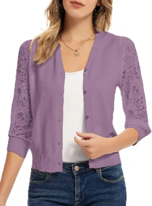 GRACE KARIN Women's Summer Cardigan Lightweight V Neck Lace 3/4 Sleeve Button Front Sweaters