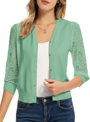 GRACE KARIN Women's Summer Cardigan Lightweight V Neck Lace 3/4 Sleeve Button Front Sweaters