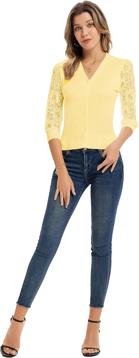 GRACE KARIN Women's Summer Cardigan Lightweight V Neck Lace 3/4 Sleeve Button Front Sweaters