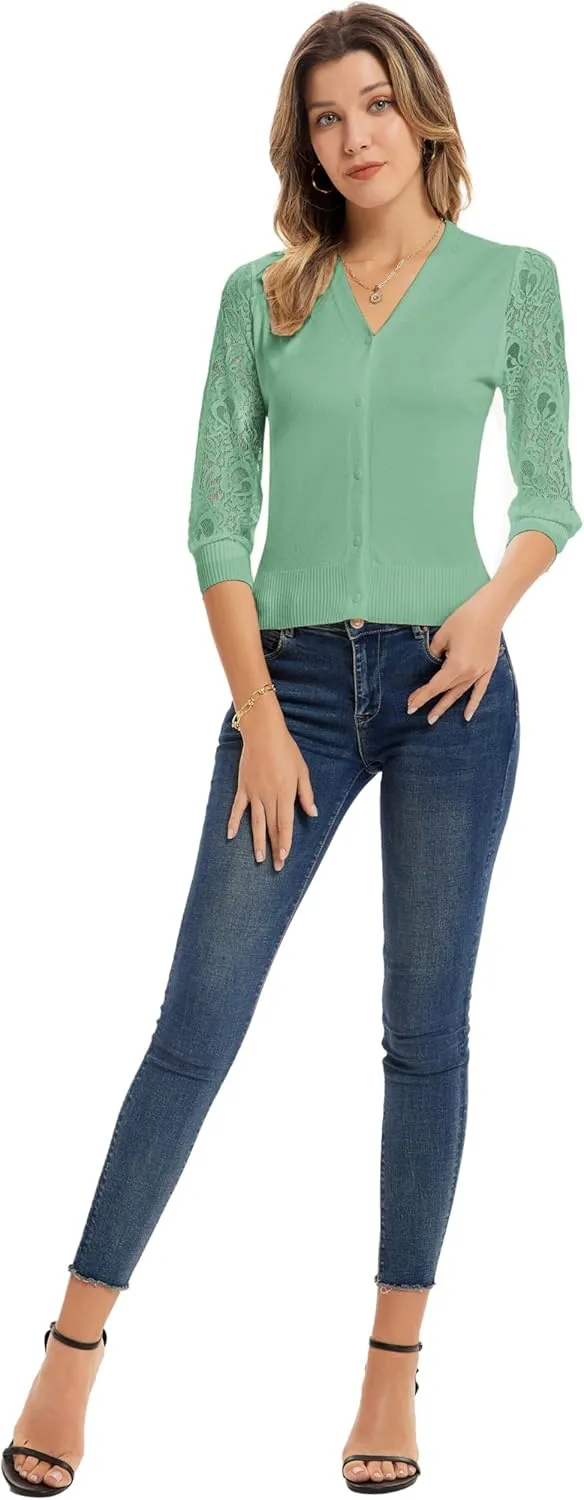 GRACE KARIN Women's Summer Cardigan Lightweight V Neck Lace 3/4 Sleeve Button Front Sweaters