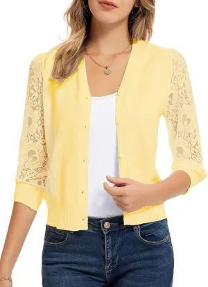 GRACE KARIN Women's Summer Cardigan Lightweight V Neck Lace 3/4 Sleeve Button Front Sweaters