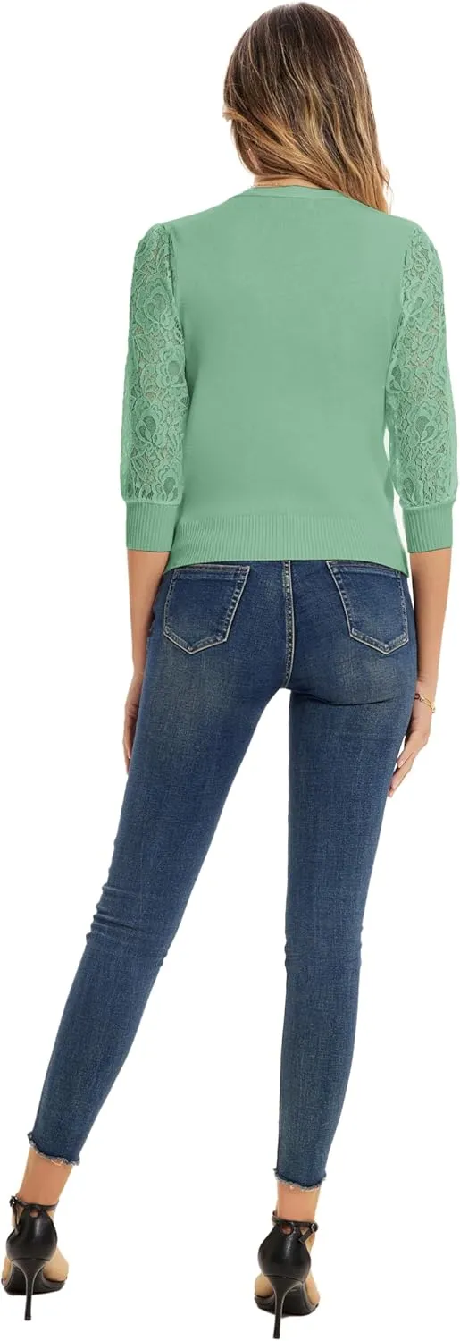 GRACE KARIN Women's Summer Cardigan Lightweight V Neck Lace 3/4 Sleeve Button Front Sweaters