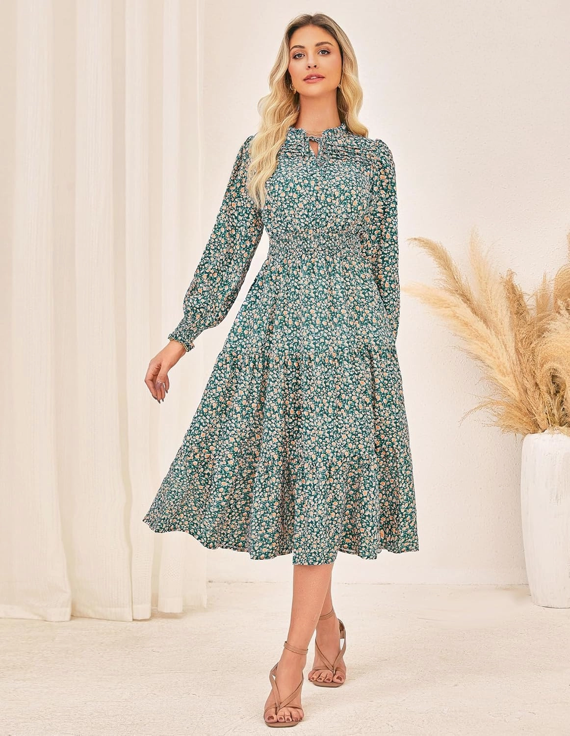 GRACE KARIN 2025 Women's Summer Floral Midi Dress Boho Long Sleeve V Neck Ruffle Casual A Line Flowy Dresses with Pocket