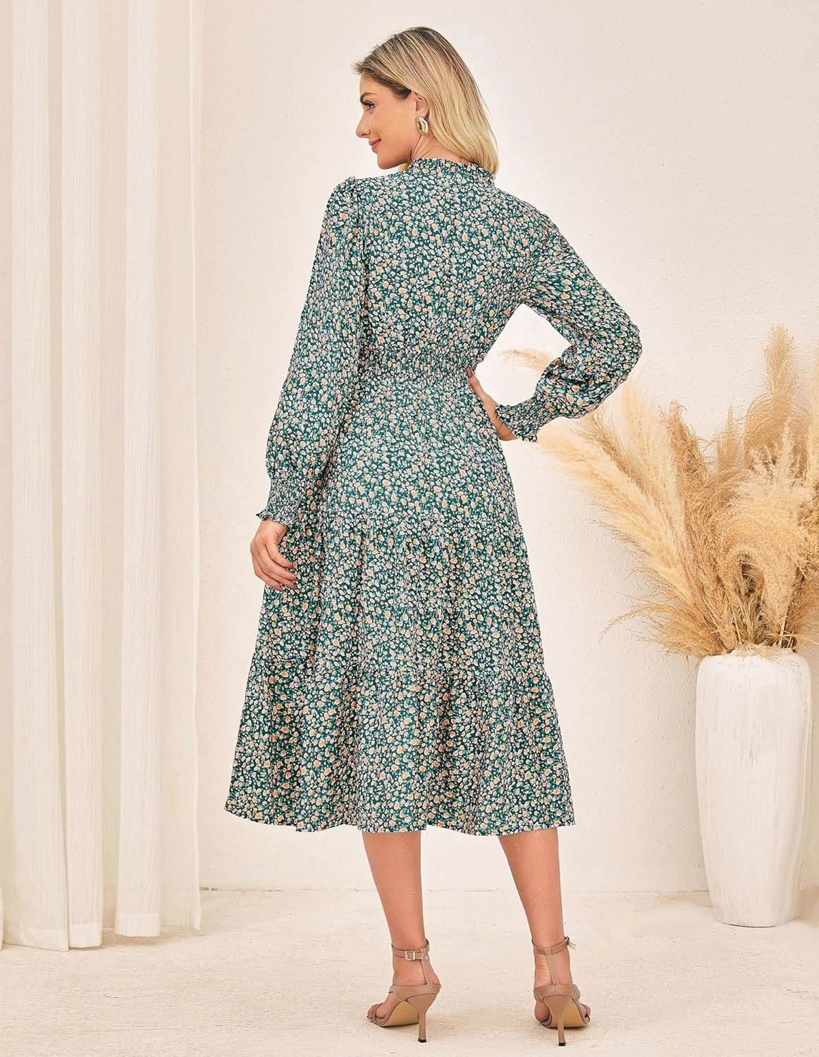 GRACE KARIN 2025 Women's Summer Floral Midi Dress Boho Long Sleeve V Neck Ruffle Casual A Line Flowy Dresses with Pocket