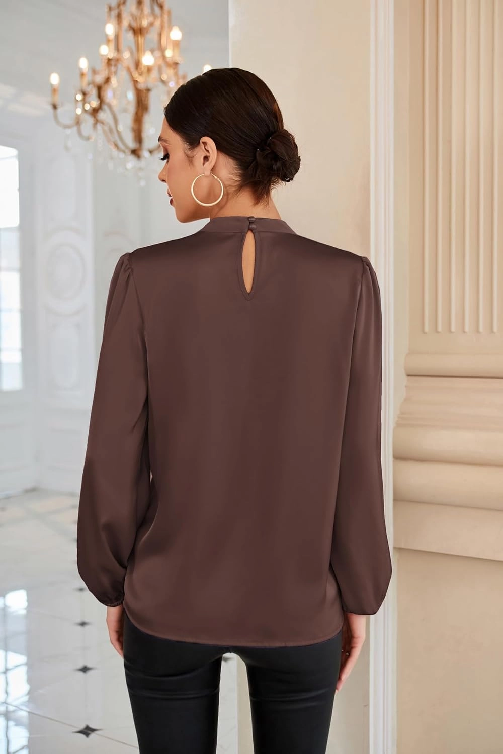 GRACE KARIN Women's Long Sleeve Shirts Mock Neck Casual Satin Blouse Tops for Business Office Work