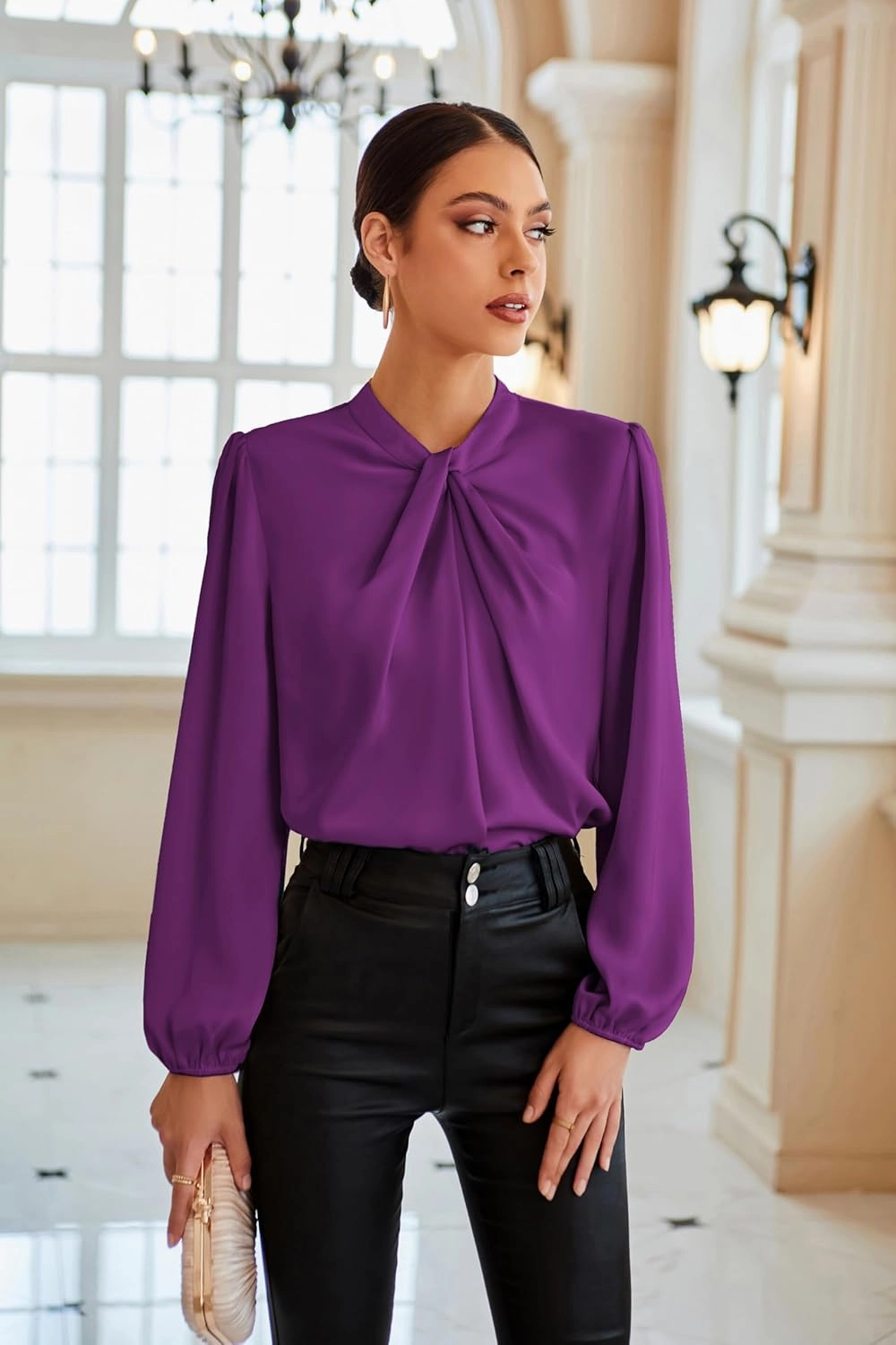 GRACE KARIN Women's Long Sleeve Shirts Mock Neck Casual Satin Blouse Tops for Business Office Work