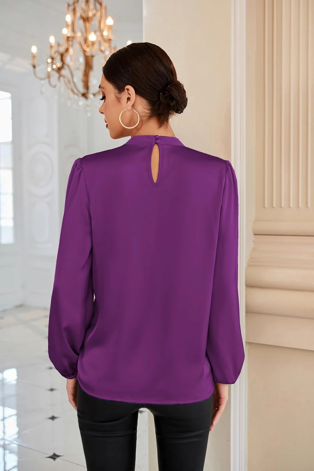 GRACE KARIN Women's Long Sleeve Shirts Mock Neck Casual Satin Blouse Tops for Business Office Work