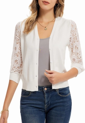 GRACE KARIN Women's Summer Cardigan Lightweight V Neck Lace 3/4 Sleeve Button Front Sweaters