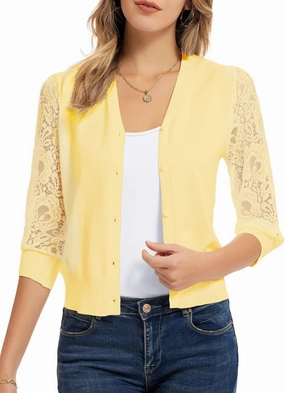 GRACE KARIN Women's Summer Cardigan Lightweight V Neck Lace 3/4 Sleeve Button Front Sweaters
