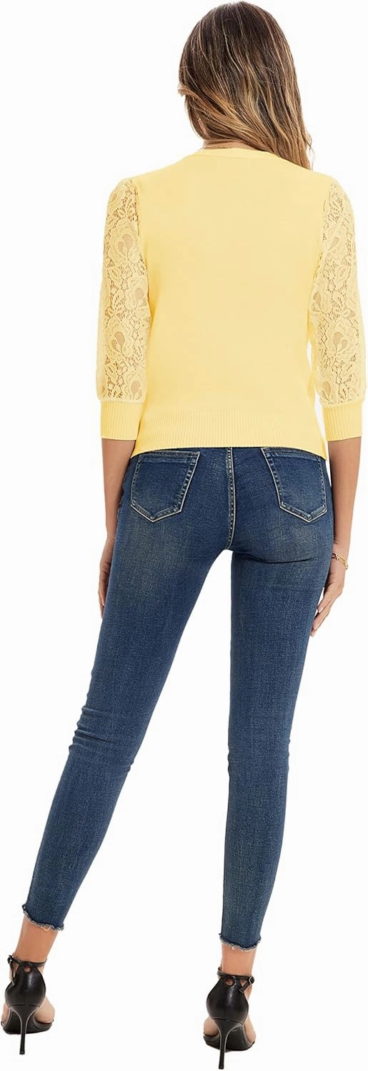 GRACE KARIN Women's Summer Cardigan Lightweight V Neck Lace 3/4 Sleeve Button Front Sweaters