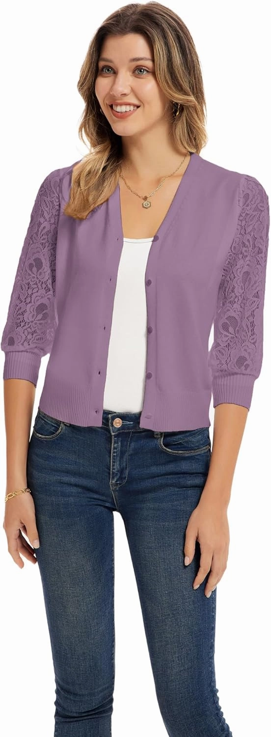 GRACE KARIN Women's Summer Cardigan Lightweight V Neck Lace 3/4 Sleeve Button Front Sweaters