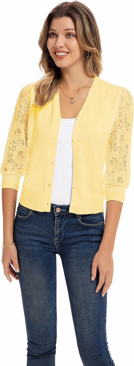 GRACE KARIN Women's Summer Cardigan Lightweight V Neck Lace 3/4 Sleeve Button Front Sweaters