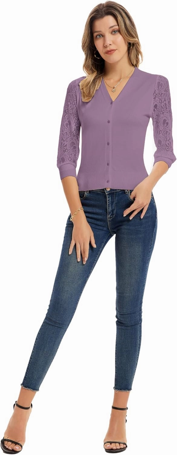 GRACE KARIN Women's Summer Cardigan Lightweight V Neck Lace 3/4 Sleeve Button Front Sweaters