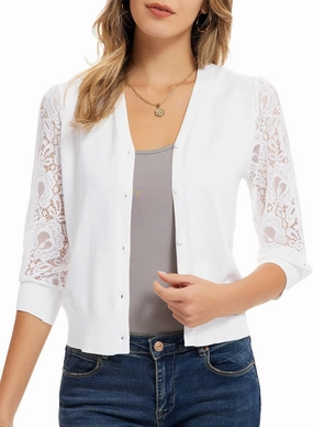GRACE KARIN Women's Summer Cardigan Lightweight V Neck Lace 3/4 Sleeve Button Front Sweaters