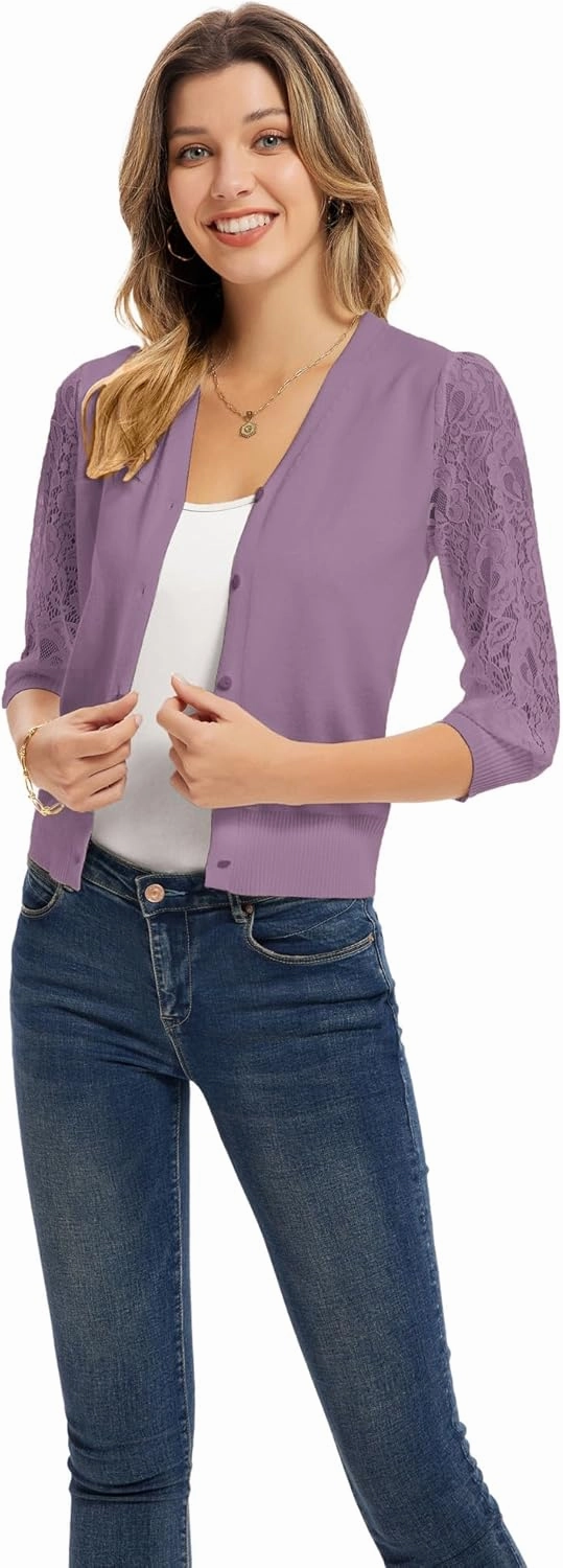 GRACE KARIN Women's Summer Cardigan Lightweight V Neck Lace 3/4 Sleeve Button Front Sweaters