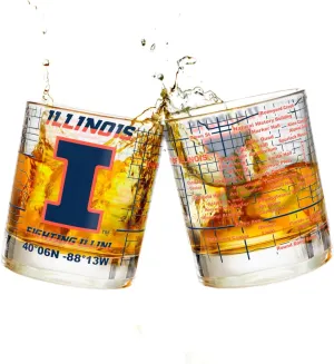 Greenline Goods University Of Illinois Whiskey Glass Set (2 Low Ball Glasses) - Contains Full Color Illinois Logo & Campus Map - Gift Idea for Illinois College Grads & Alumni - Glassware