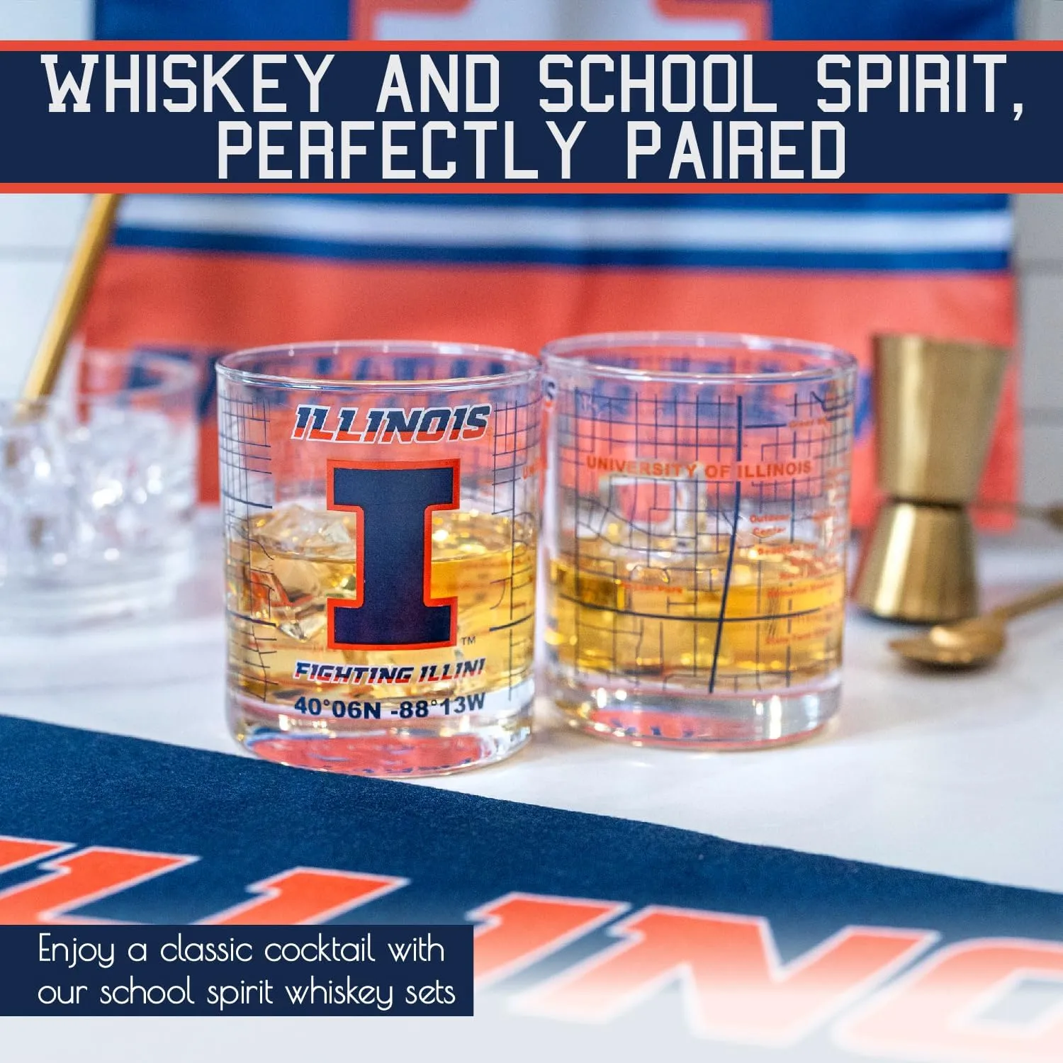 Greenline Goods University Of Illinois Whiskey Glass Set (2 Low Ball Glasses) - Contains Full Color Illinois Logo & Campus Map - Gift Idea for Illinois College Grads & Alumni - Glassware