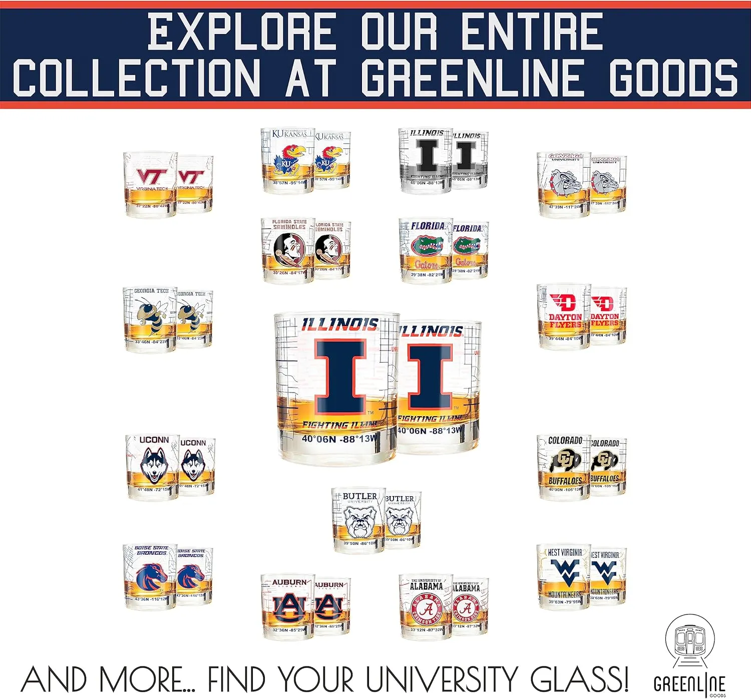 Greenline Goods University Of Illinois Whiskey Glass Set (2 Low Ball Glasses) - Contains Full Color Illinois Logo & Campus Map - Gift Idea for Illinois College Grads & Alumni - Glassware