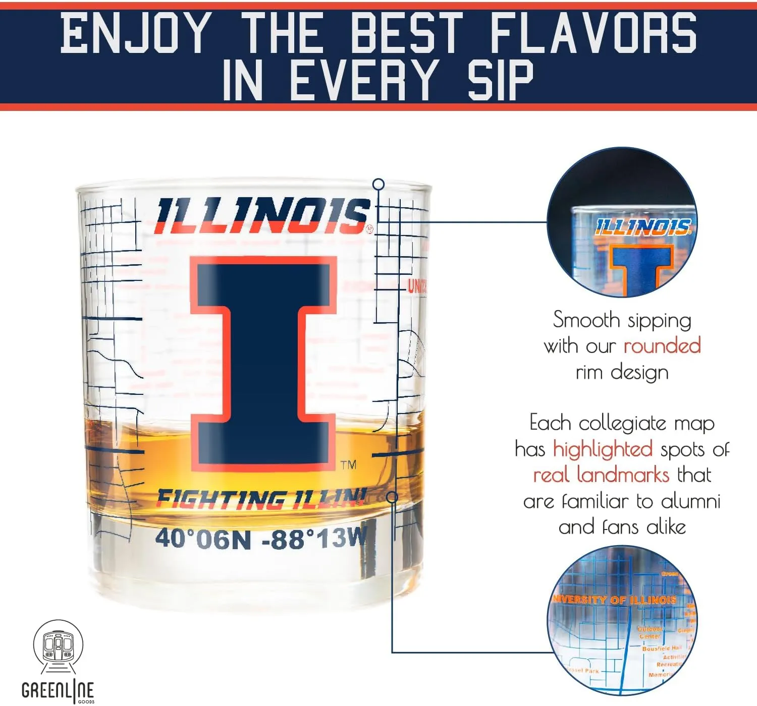Greenline Goods University Of Illinois Whiskey Glass Set (2 Low Ball Glasses) - Contains Full Color Illinois Logo & Campus Map - Gift Idea for Illinois College Grads & Alumni - Glassware