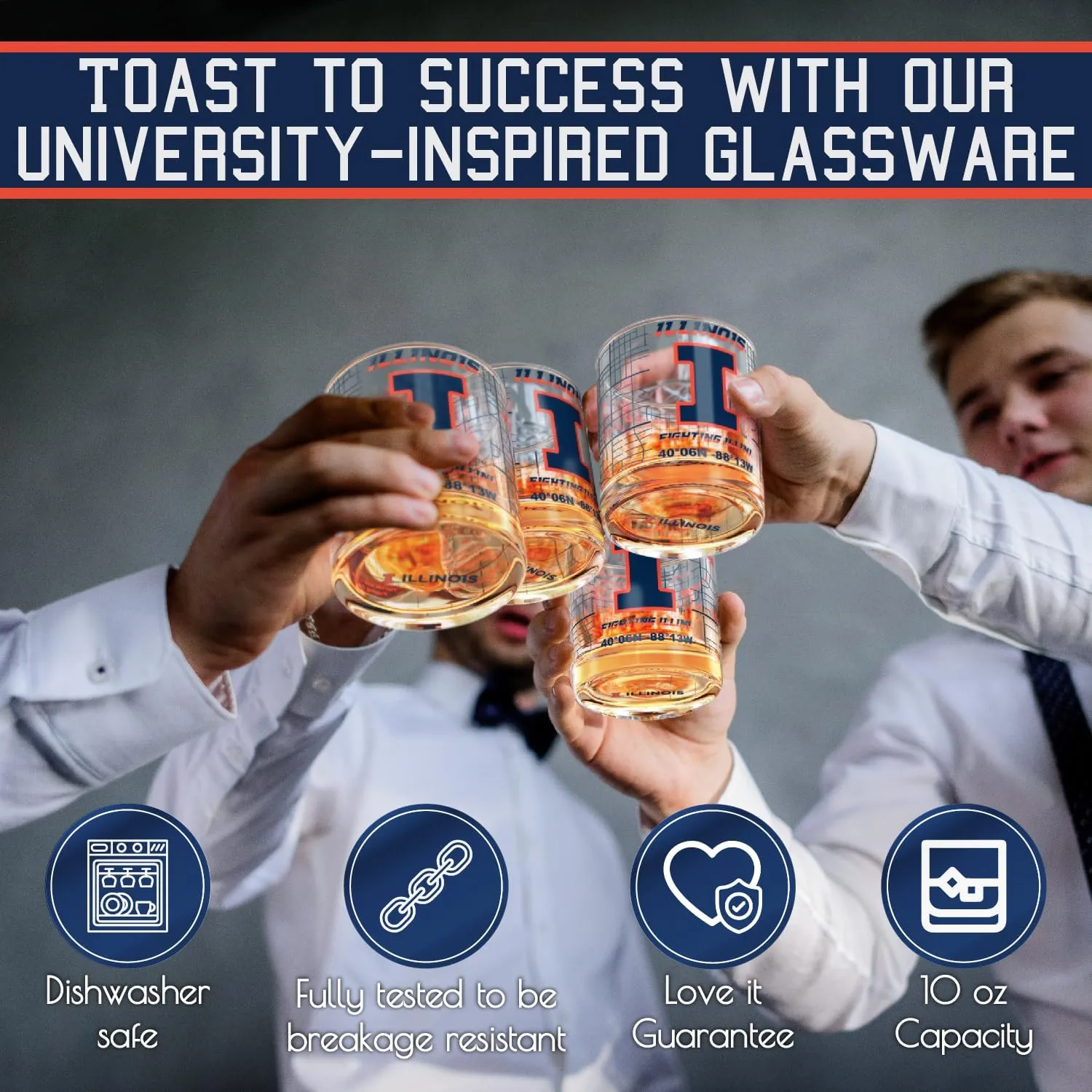 Greenline Goods University Of Illinois Whiskey Glass Set (2 Low Ball Glasses) - Contains Full Color Illinois Logo & Campus Map - Gift Idea for Illinois College Grads & Alumni - Glassware