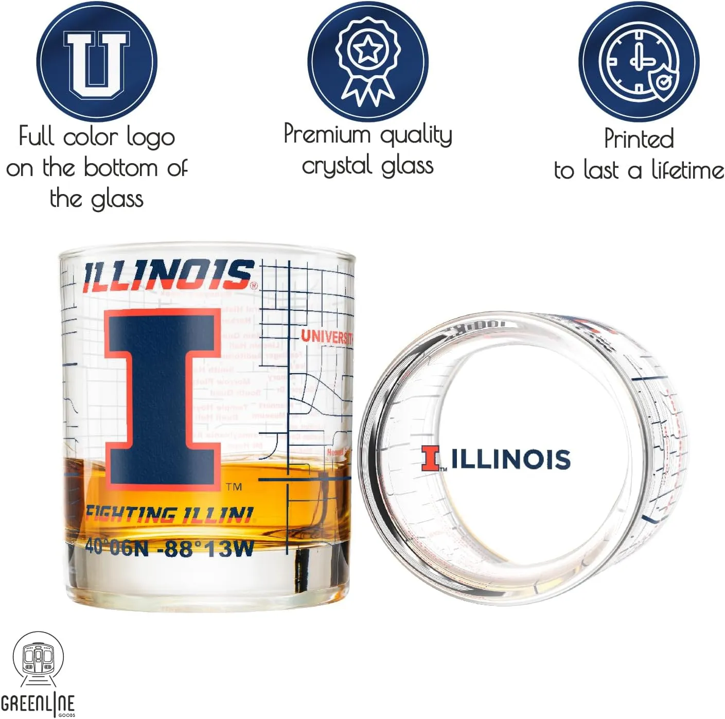 Greenline Goods University Of Illinois Whiskey Glass Set (2 Low Ball Glasses) - Contains Full Color Illinois Logo & Campus Map - Gift Idea for Illinois College Grads & Alumni - Glassware