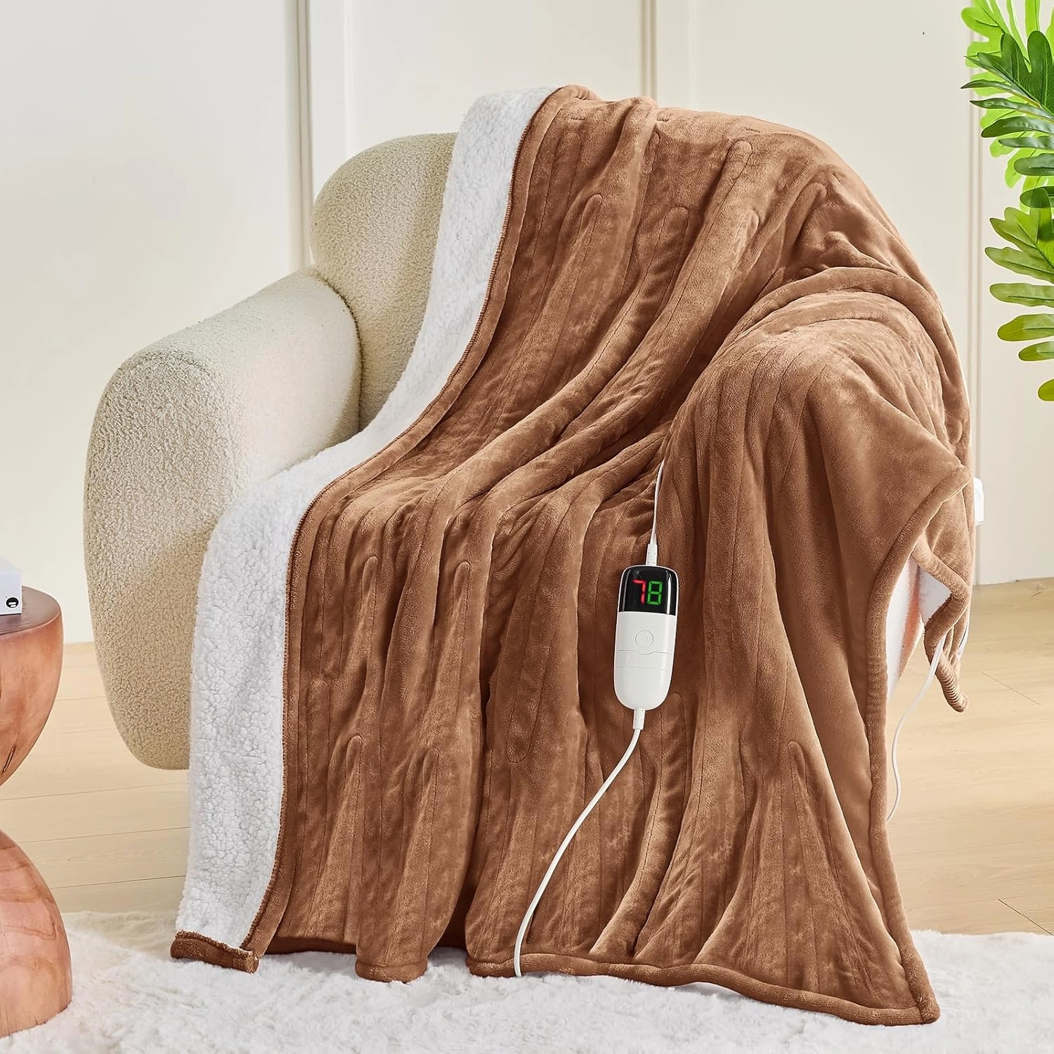 greenoak Heated Blanket Electric Throw 50"X60", Heating Blanket with 10 Levels 1/2/4/6/8 Hours Auto-Off Overheat Protection, Soft Flannel Sherpa Warm Heater, ETL Certified Brown