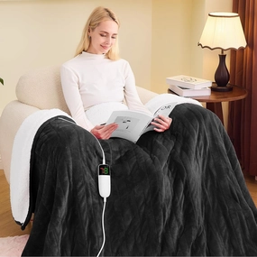 greenoak Heated Blanket Electric Twin 62"X84", Heating Blanket with 10 Heat Levels 1/2/4/6/8 Hours Auto-Off Overheat Protection, Soft Flannel Sherpa Warm Heater Blanket, ETL Certified Lacquered Black
