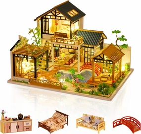 GuDoQi DIY Miniature Dollhouse Kit, Tiny House kit with Furniture, Miniature House Kit 1:24 Scale, Great Handmade Crafts Gift for Birthday Easter Day, Villa with Courtyard