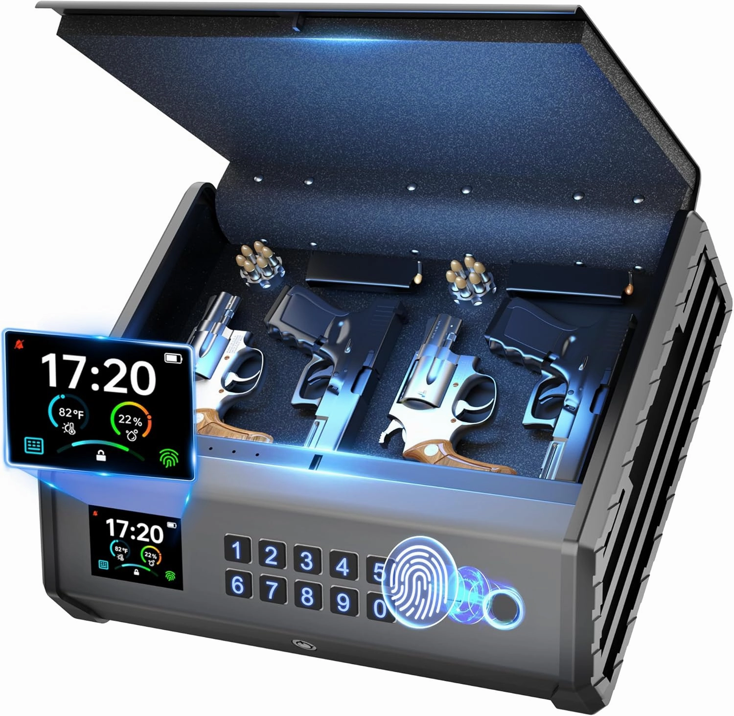 Gun Safe,3 Ways Biometric Pistol Safe with LCD Display of Temperature Humidity USB Port, Emergency Power Supply Gun Lock Box for Home Bedroom Bedside Nightstand and Car