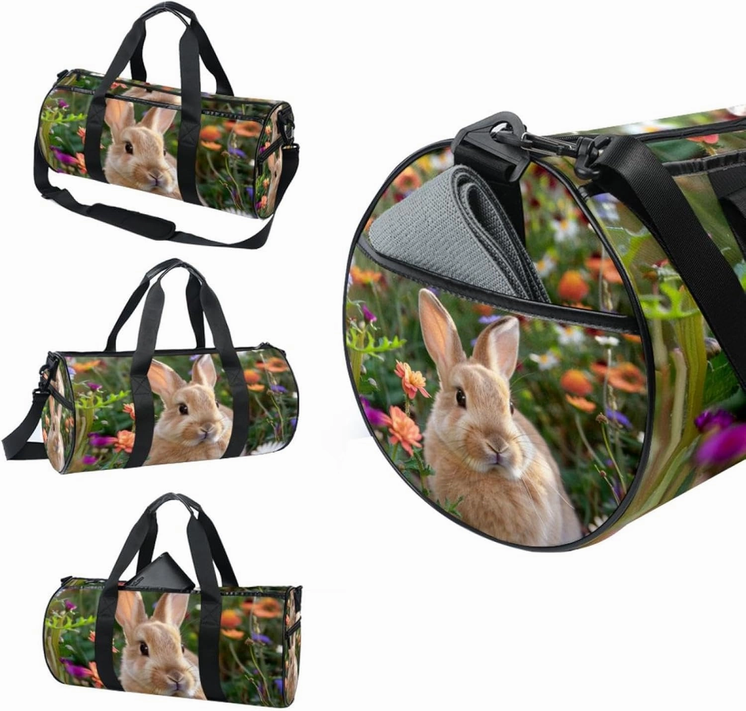 Gym Bag for Women,Small Gym Bag for Men,Bunny Rabbit Flowers Daisy,Overnight Bag