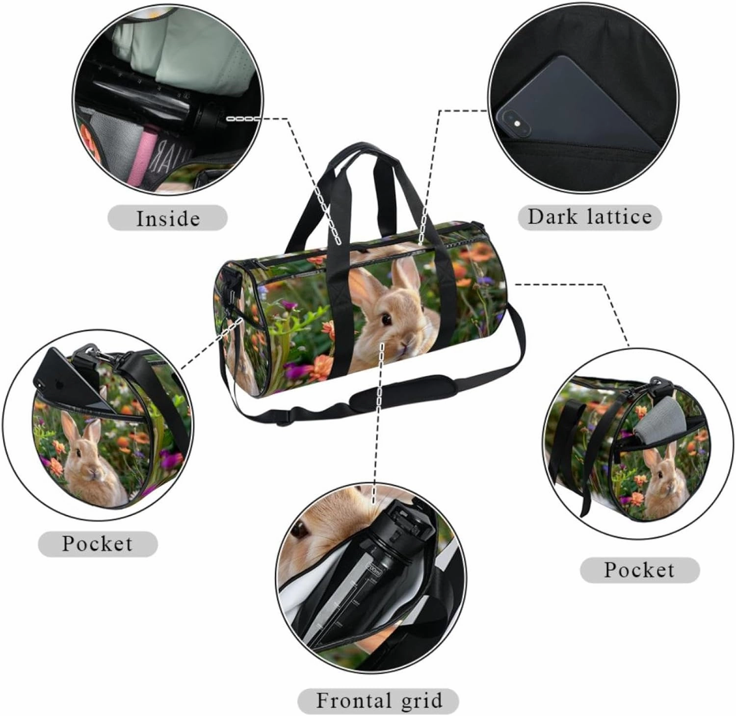 Gym Bag for Women,Small Gym Bag for Men,Bunny Rabbit Flowers Daisy,Overnight Bag