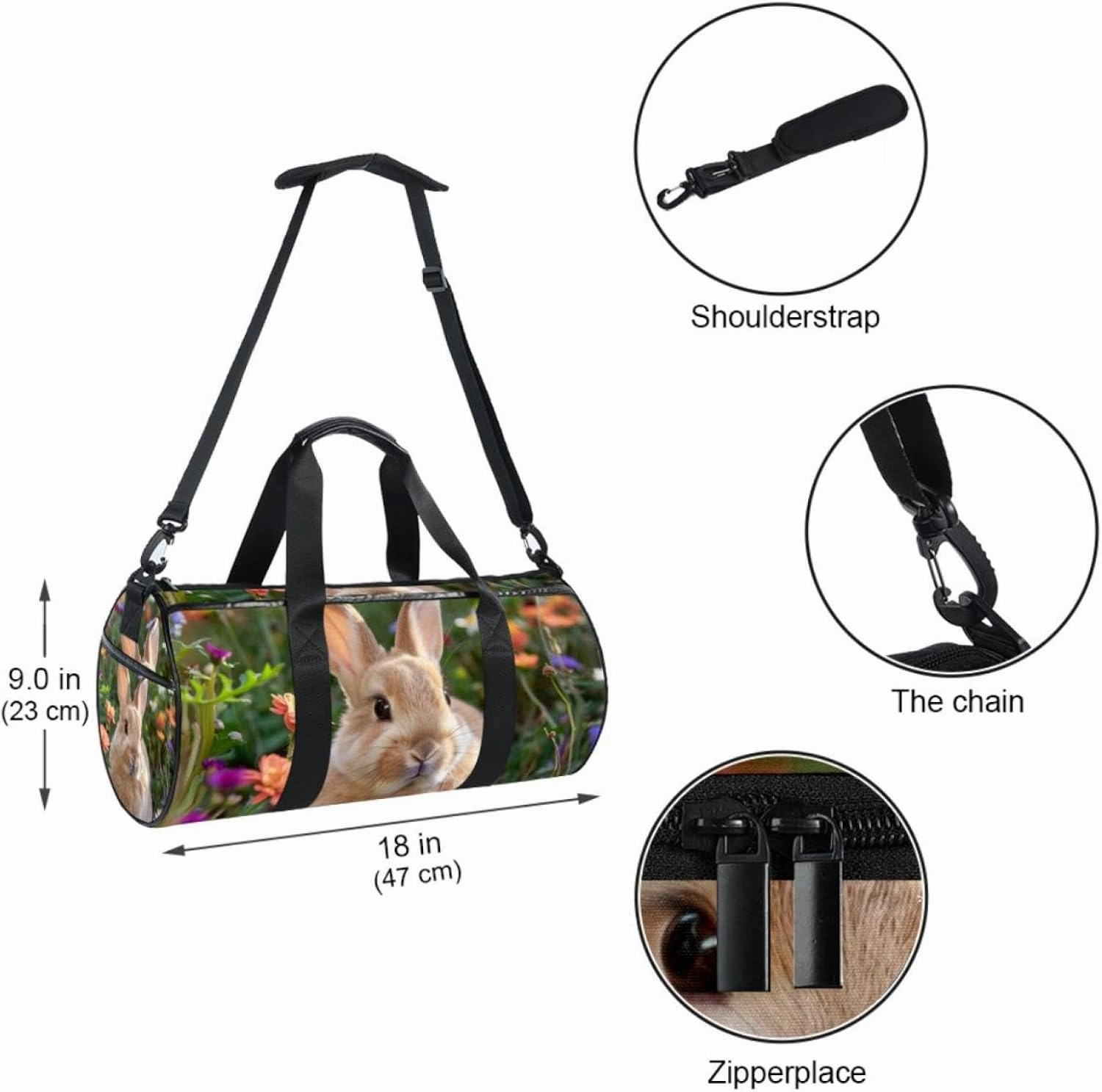 Gym Bag for Women,Small Gym Bag for Men,Bunny Rabbit Flowers Daisy,Overnight Bag