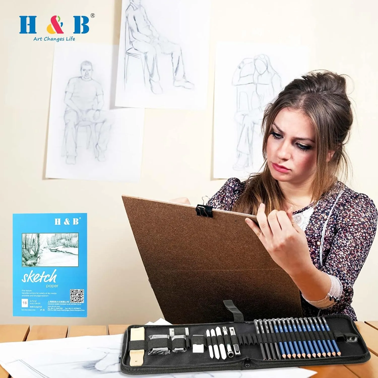 H & B 33 Pieces Drawing Pencils Set, Sketching Pencils Set & Drawing Kit, Includes Sketch Pad, Graphite Pencils, Charcoal Sticks and Eraser, Supplies for Artists/Beginner/Adults