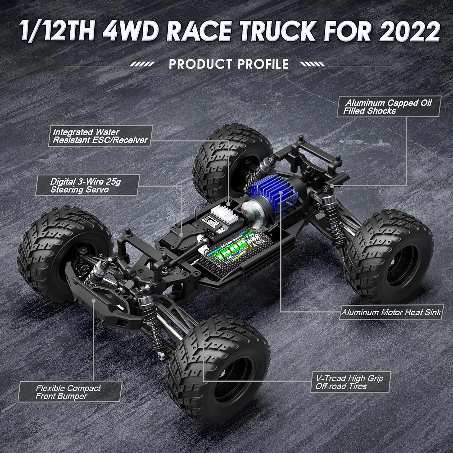 HAIBOXING 1:12 Scale RC Cars 903 RC Monster Truck, 38 km/h Speed Hobby Fast RC Cars for Kids and Adults Toy Gifts, 2.4 GHz 4WD Electric Powered Remote Control Trucks Ready to Run 40  Min Playtime