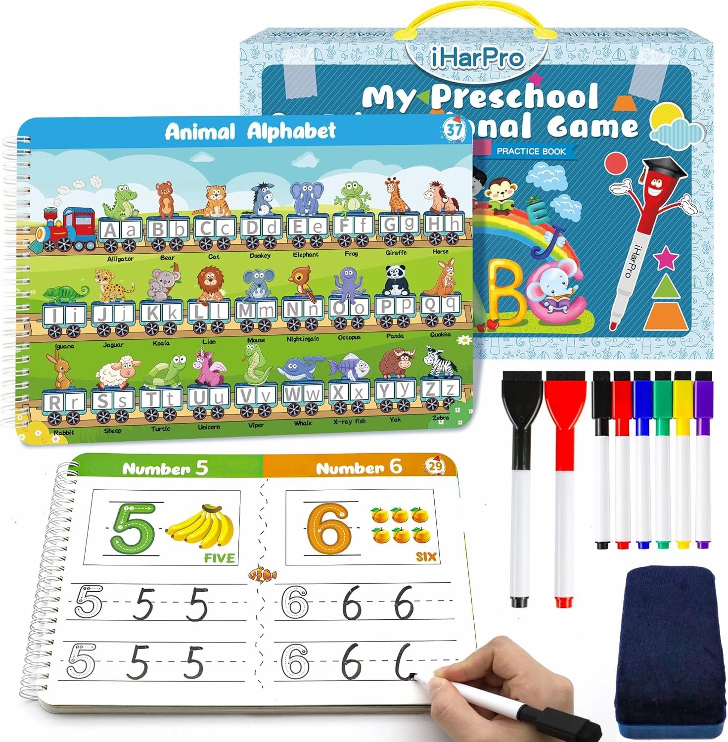 Handwriting Practice Book for kids, Toddlers Preschool Learning Activity 40 Pages Autism Educational Montessori Toys Learn Number Letters Shapes Animal & Sight Words Workbook with 8 Dry Erase Markers