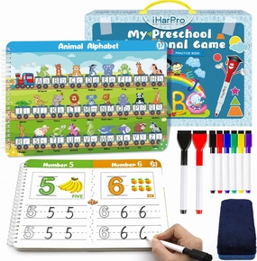 Handwriting Practice Book for kids, Toddlers Preschool Learning Activity 40 Pages Autism Educational Montessori Toys Learn Number Letters Shapes Animal & Sight Words Workbook with 8 Dry Erase Markers