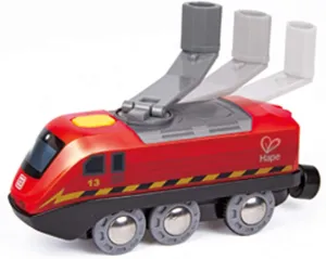 Hape Hand Crank Powered Train | Button Operated, Rechargeable Kinetic Powered Engine and Lights, Kids Toy for Train Set, Red Finish, Sustainable Play for Kids