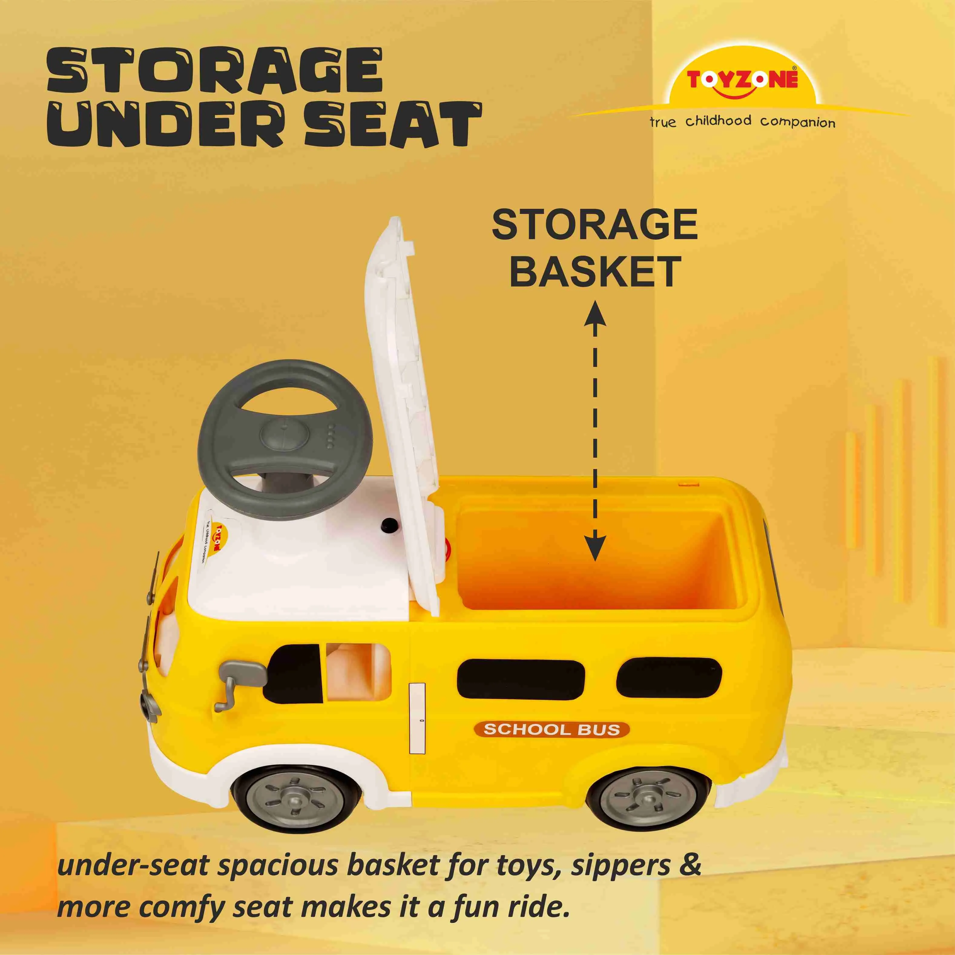 Happy Bus Ride On - Yellow | Toddler Ride-on | Lights & Music | Ride-on with easy storage | Grip wheels | Make in India | Indoor & Outdoor | For Kids 2  years
