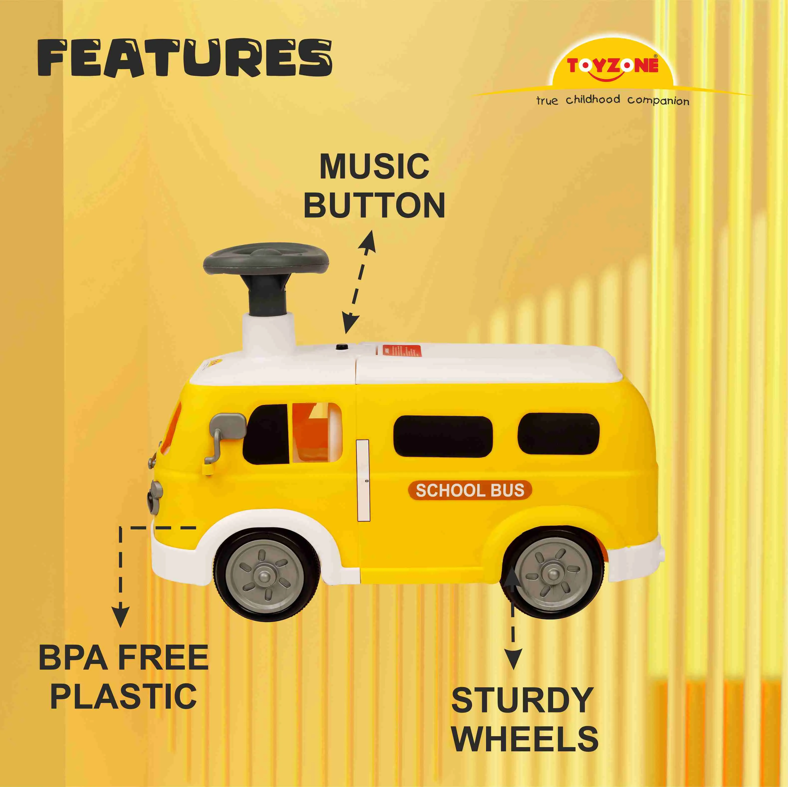 Happy Bus Ride On - Yellow | Toddler Ride-on | Lights & Music | Ride-on with easy storage | Grip wheels | Make in India | Indoor & Outdoor | For Kids 2  years