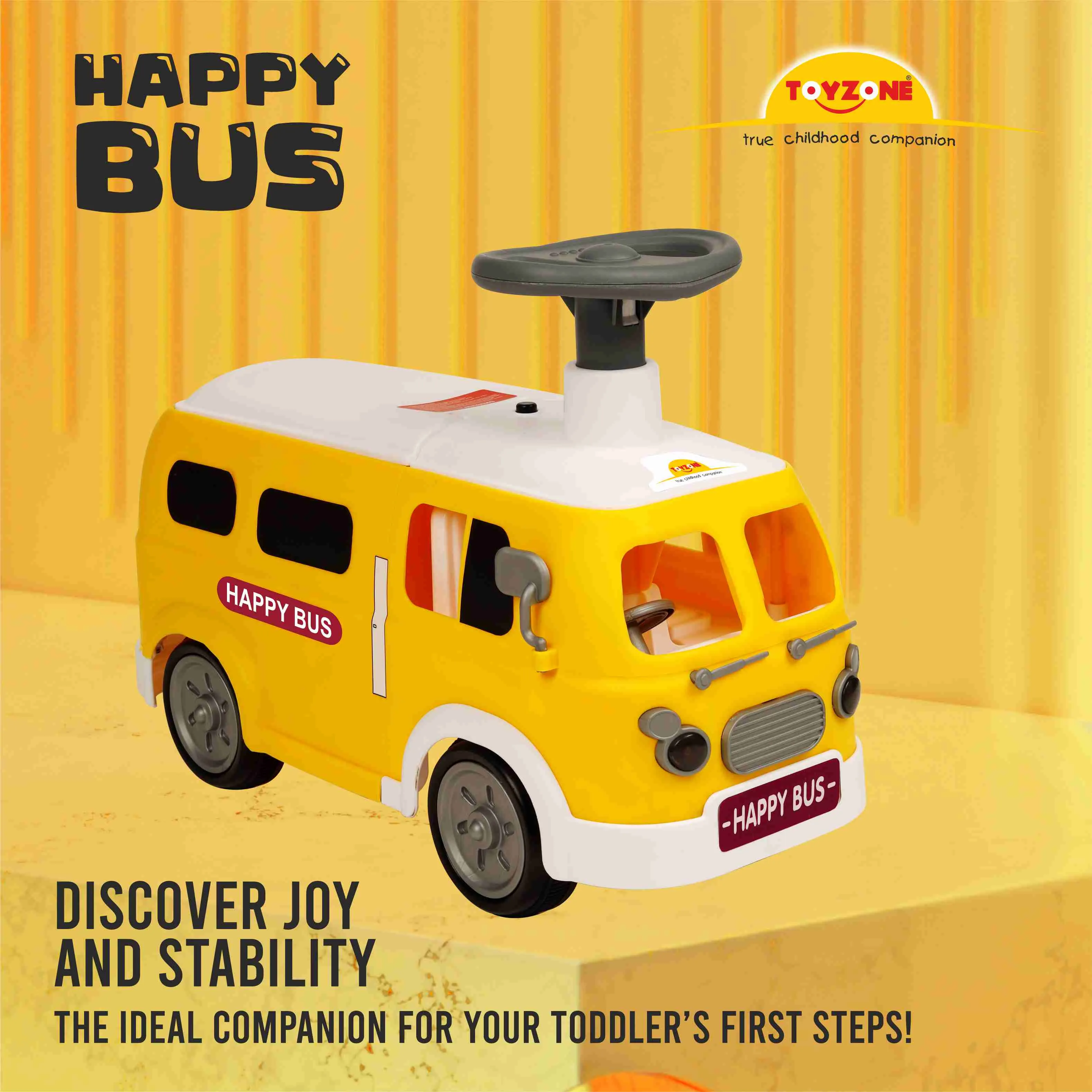 Happy Bus Ride On - Yellow | Toddler Ride-on | Lights & Music | Ride-on with easy storage | Grip wheels | Make in India | Indoor & Outdoor | For Kids 2  years