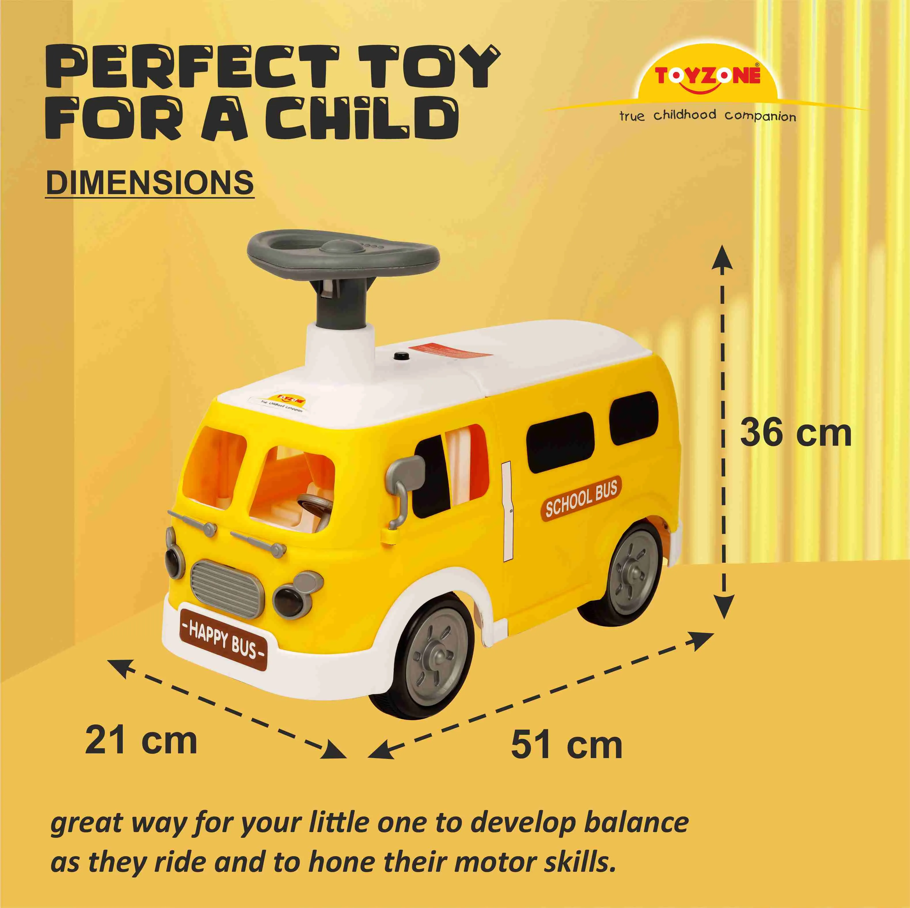 Happy Bus Ride On - Yellow | Toddler Ride-on | Lights & Music | Ride-on with easy storage | Grip wheels | Make in India | Indoor & Outdoor | For Kids 2  years
