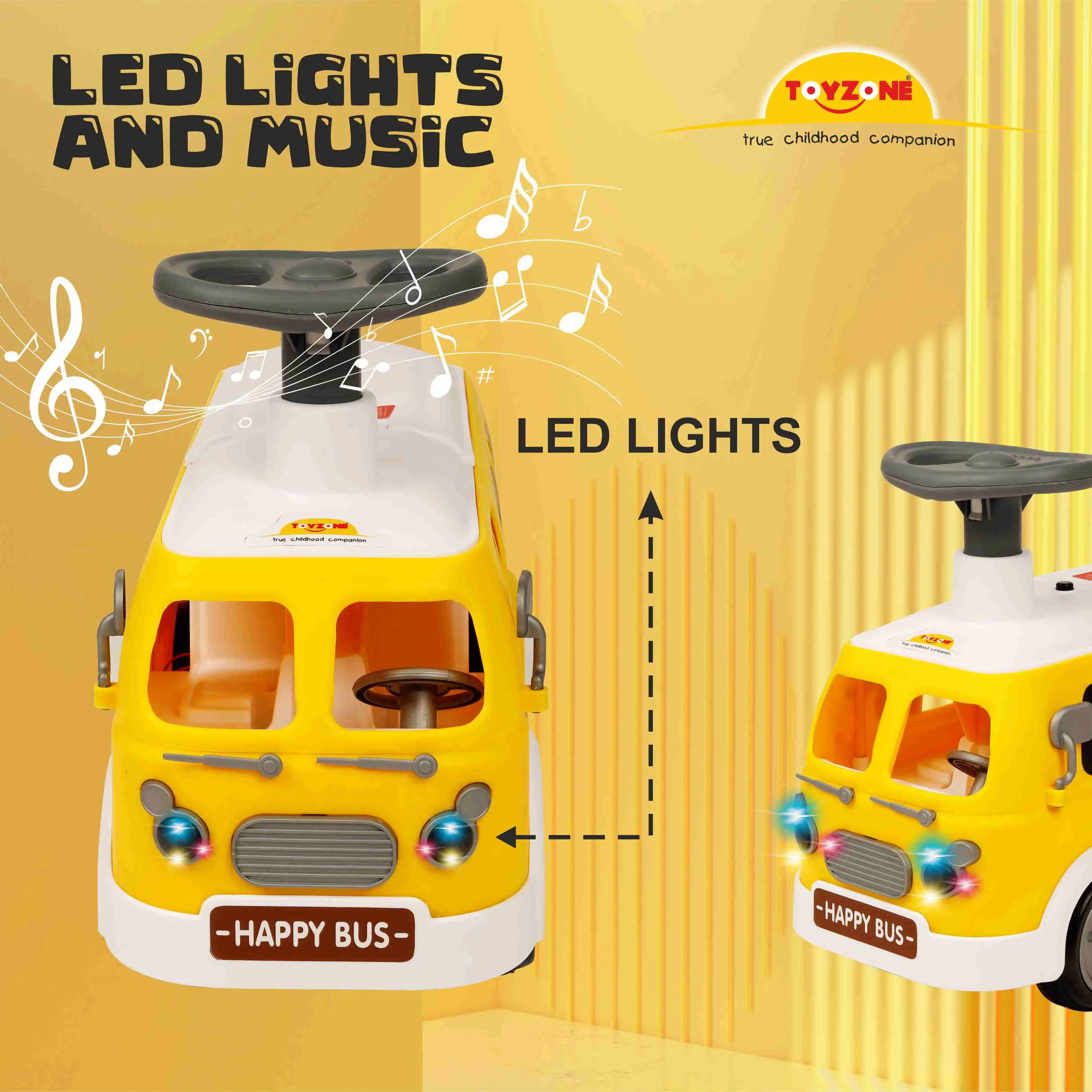 Happy Bus Ride On - Yellow | Toddler Ride-on | Lights & Music | Ride-on with easy storage | Grip wheels | Make in India | Indoor & Outdoor | For Kids 2  years