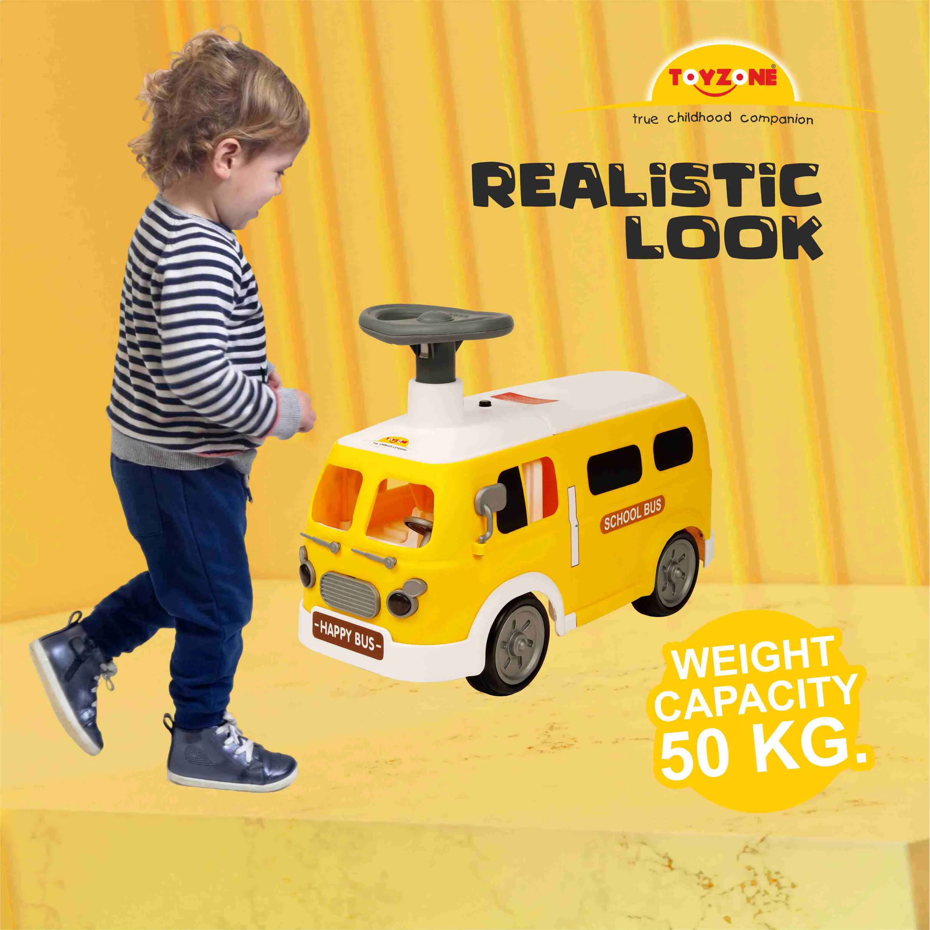 Happy Bus Ride On - Yellow | Toddler Ride-on | Lights & Music | Ride-on with easy storage | Grip wheels | Make in India | Indoor & Outdoor | For Kids 2  years