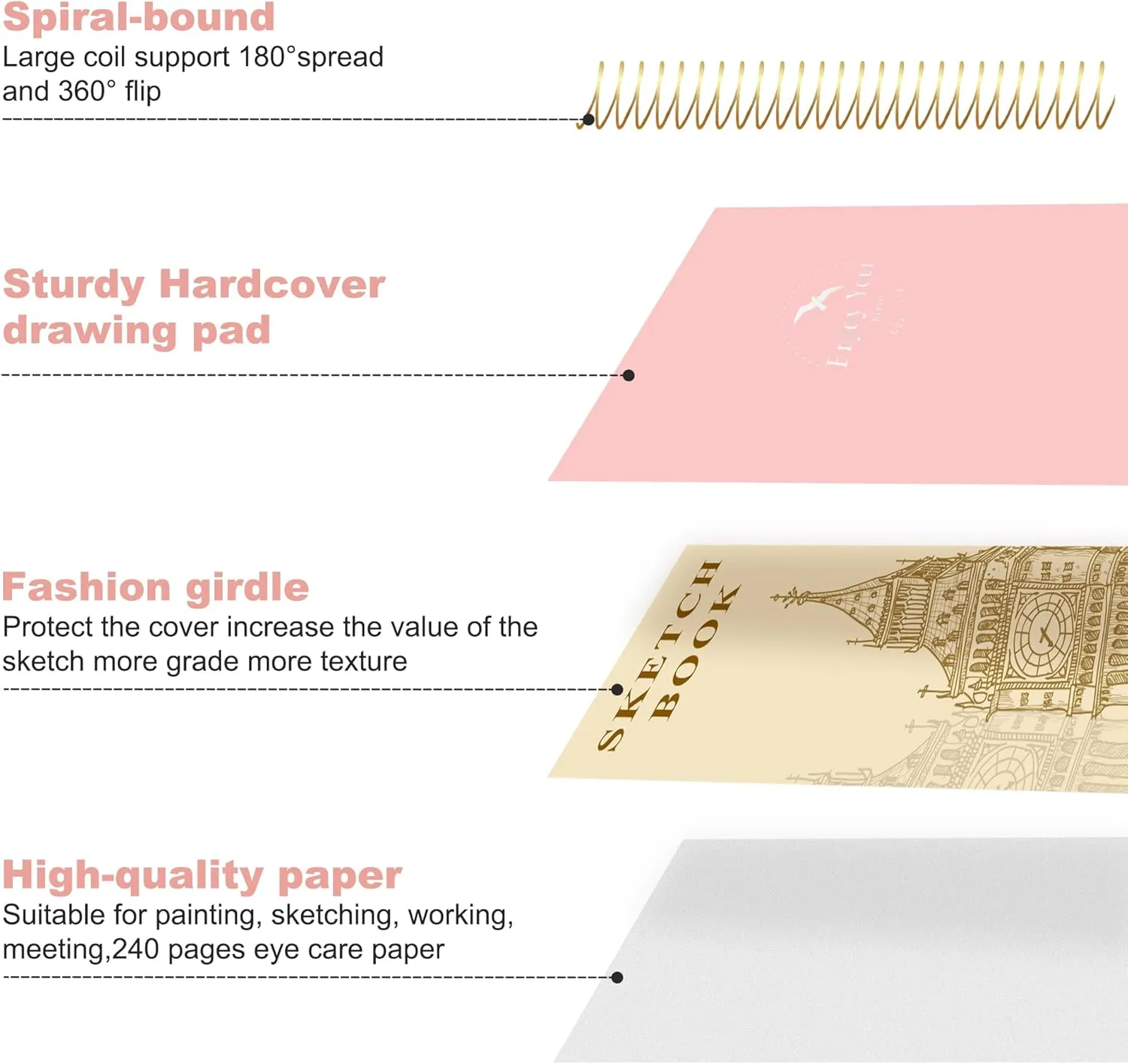 Hardcover Sketchbook for Drawing 8.5 x 11 Spiral Sketch Book for Adults Women Kids with 100gsm 68lb 120 Sheets Premium Paper Sketch Pad for Drawing Books Notebook Art Supplies, Pink