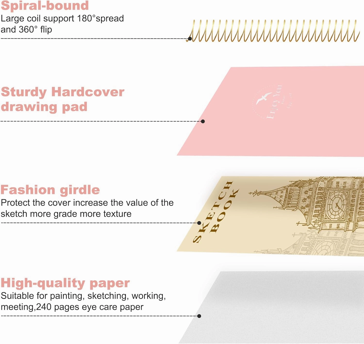 Hardcover Sketchbook for Drawing 8.5 x 11 Spiral Sketch Book for Adults Women Kids with 100gsm 68lb 120 Sheets Premium Paper Sketch Pad for Drawing Books Notebook Art Supplies, Pink
