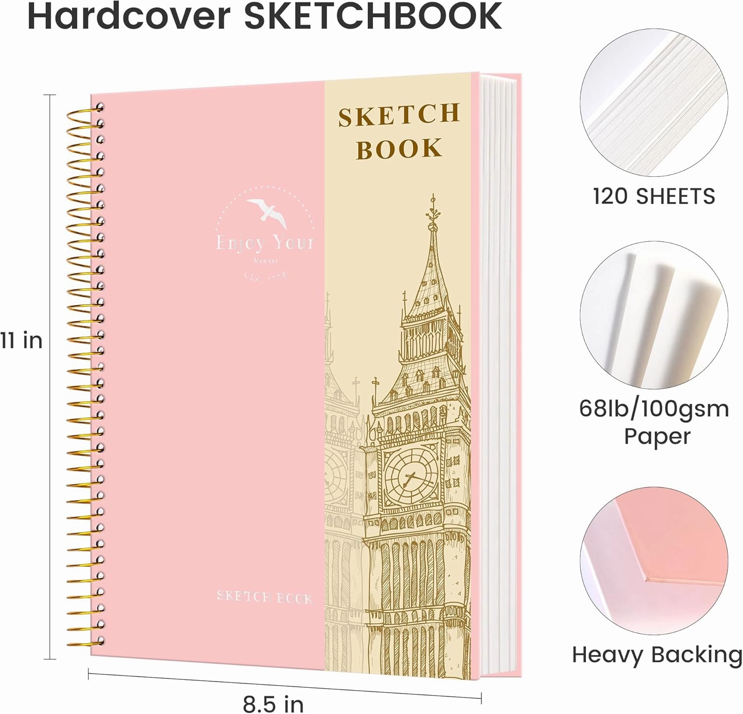Hardcover Sketchbook for Drawing 8.5 x 11 Spiral Sketch Book for Adults Women Kids with 100gsm 68lb 120 Sheets Premium Paper Sketch Pad for Drawing Books Notebook Art Supplies, Pink