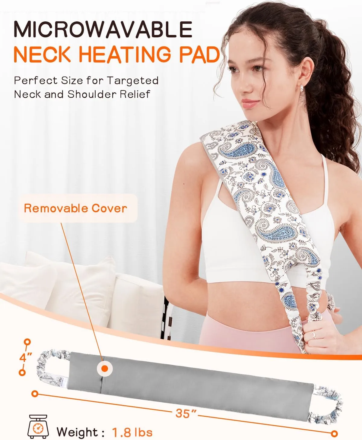 Heating Pad for Neck and Back, Extra Long Microwavable Weighted Moist Heat Pack, Reusable Neck and Back Wrap for Sore Muscles & Stress Relief