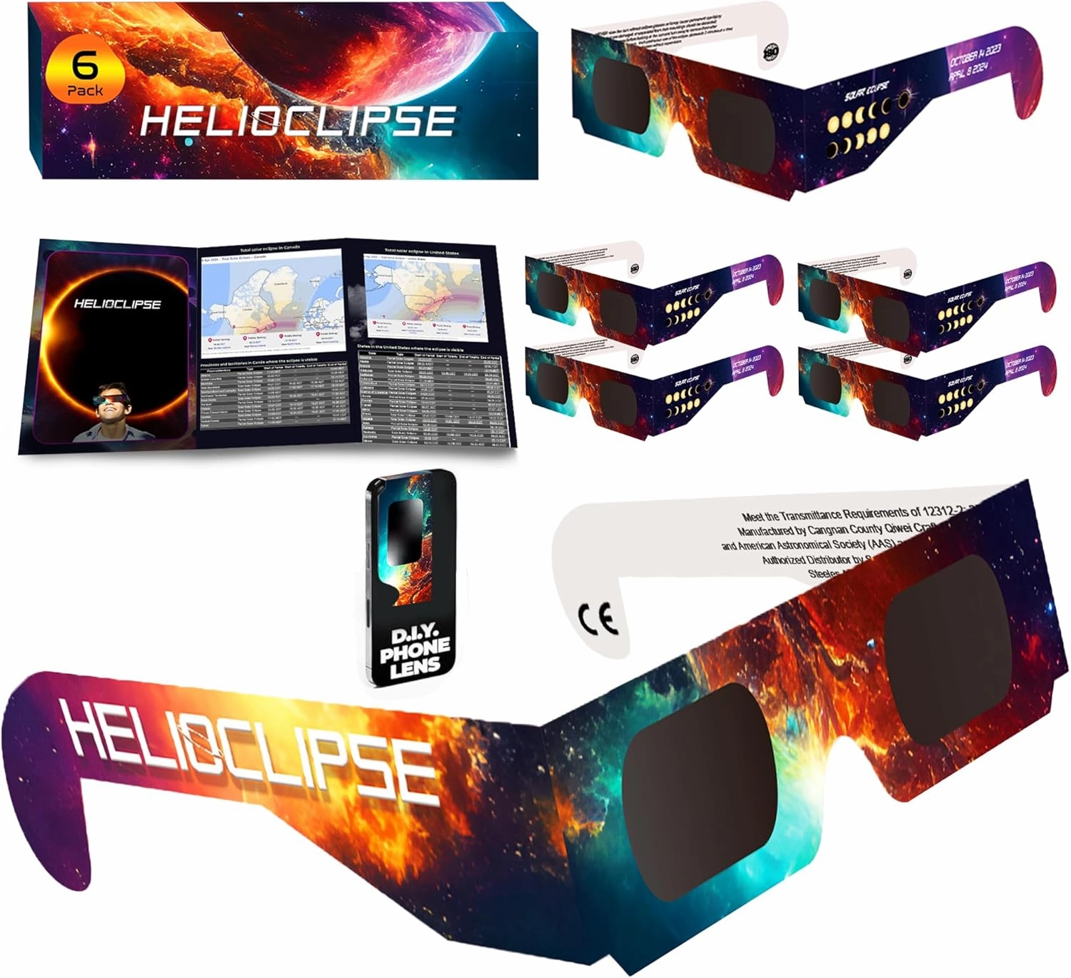 Helioclipse 6 Pack Solar Eclipse Glasses 2024 - Trusted for Direct Solar Eclipse Viewing - Iso 12312-2 & Ce Certified