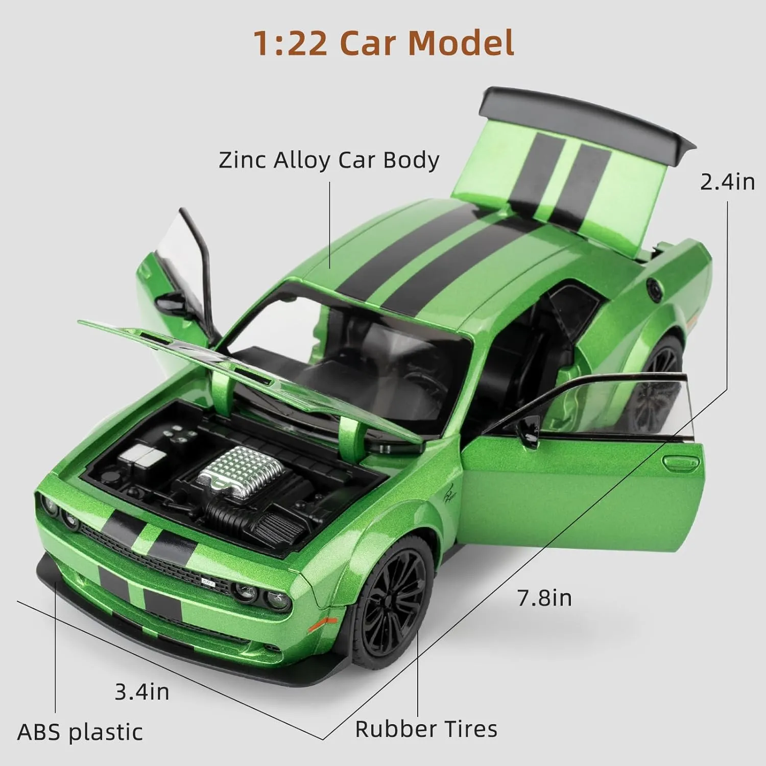 Hellcat Toy Cars for Collectible 1:22 Dodge Challenger SRT Green Hellcat Toy, Diecast Vehicle Toy with Lights and Sounds,Pull Back Decoration Model Car Toy for Adults Kids Birthday Gifts