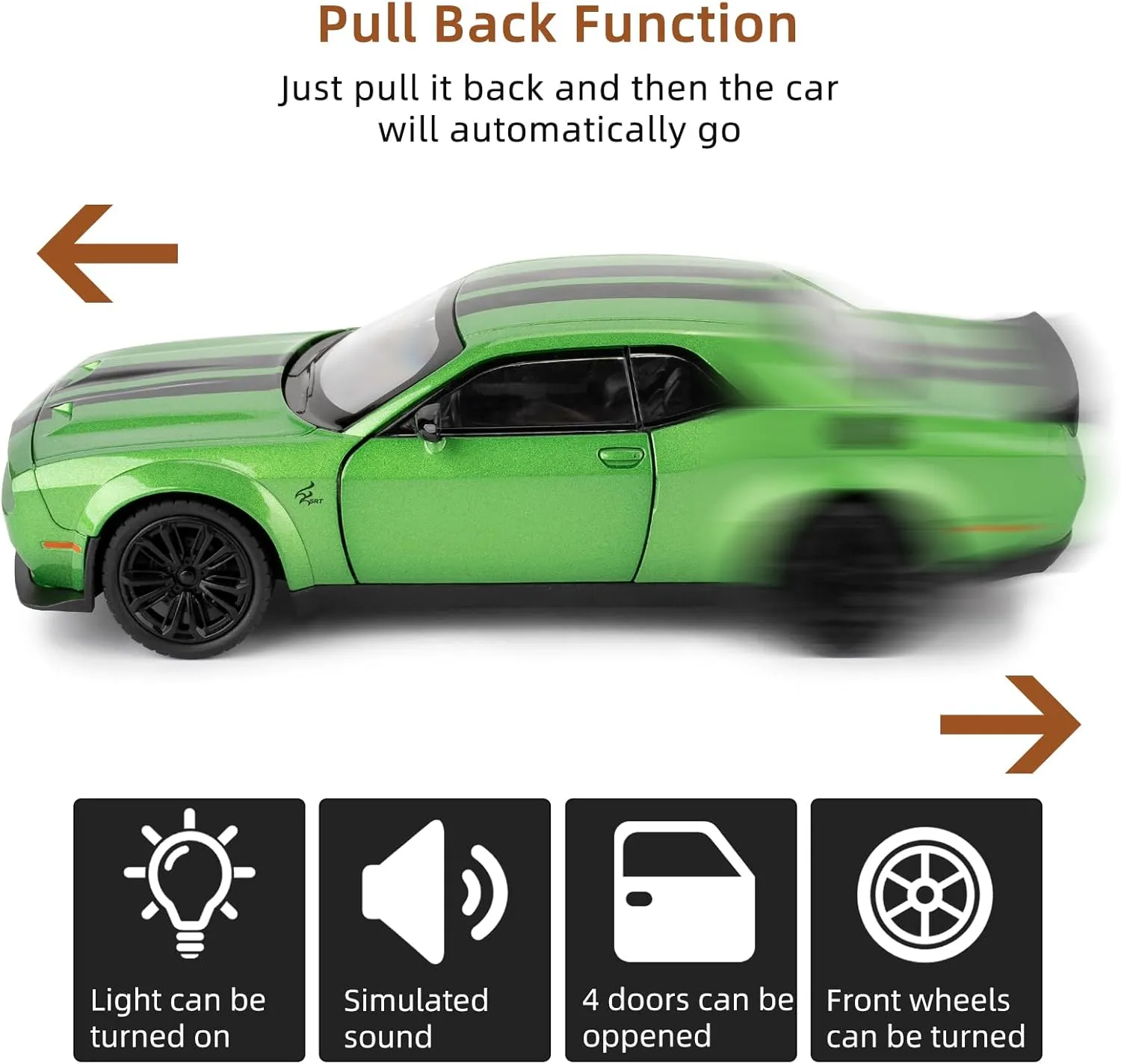 Hellcat Toy Cars for Collectible 1:22 Dodge Challenger SRT Green Hellcat Toy, Diecast Vehicle Toy with Lights and Sounds,Pull Back Decoration Model Car Toy for Adults Kids Birthday Gifts